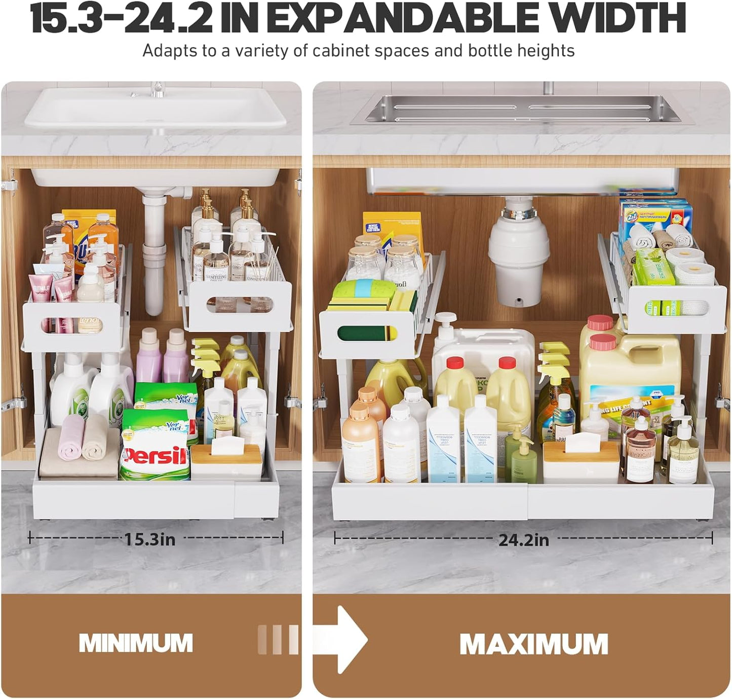 1 Pack Expandable Under Sink Organizers And Storage With Upgrade Ball-Bearing Slide Tracks,2-Tier Pull Out Under Cabinet Organizer Height Adjustable,Slide Out Under Sink Drawers-Black(Patent Pending)