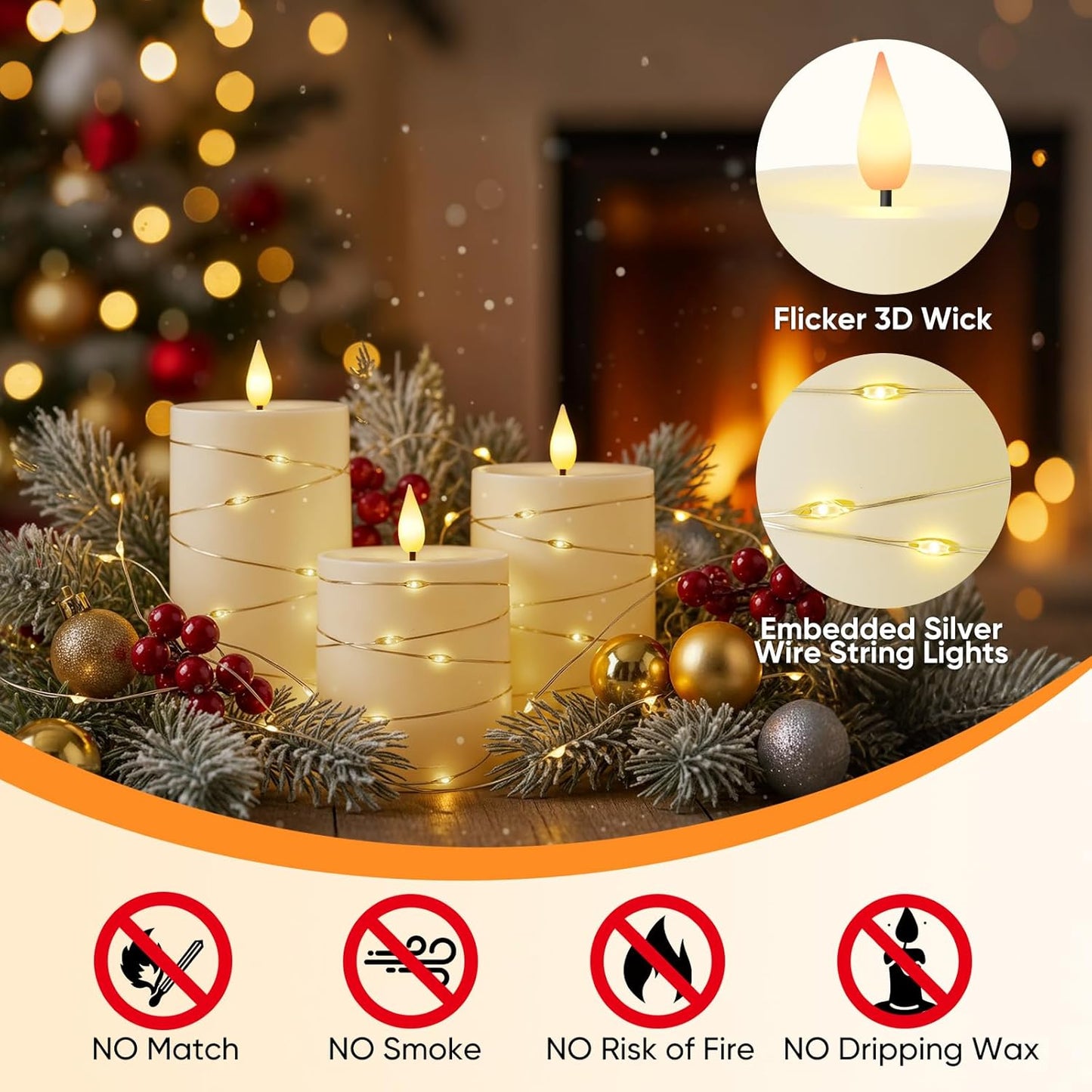 Raycare Flameless Candles with Remote Timer, Flickering Battery Operated LED Pillar Fake Candle with String Lights for Home Decor, Christmas, Wedding and Gift, White, Set of 3
