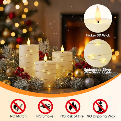 Raycare Flameless Candles with Remote Timer, Flickering Battery Operated LED Pillar Fake Candle with String Lights for Home Decor, Christmas, Wedding and Gift, White, Set of 3