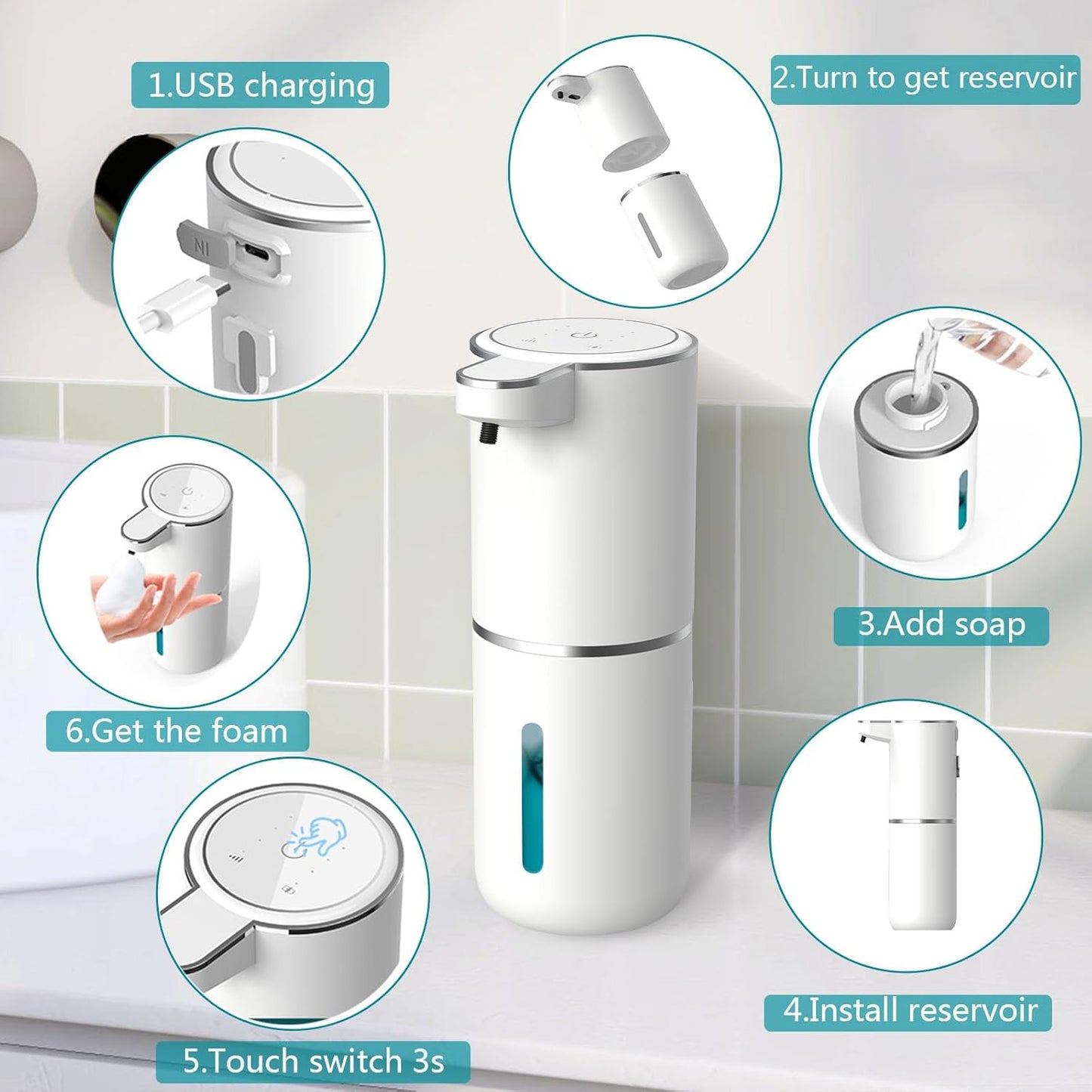 Automatic Soap Dispenser – Touchless Foaming Soap Dispenser 400ml USB Rechargeable Dispenser Electric Wall Mounted 4levels Adjustable Foam Soap Dispenser Pump for Bathroom Kitchen(Silver)