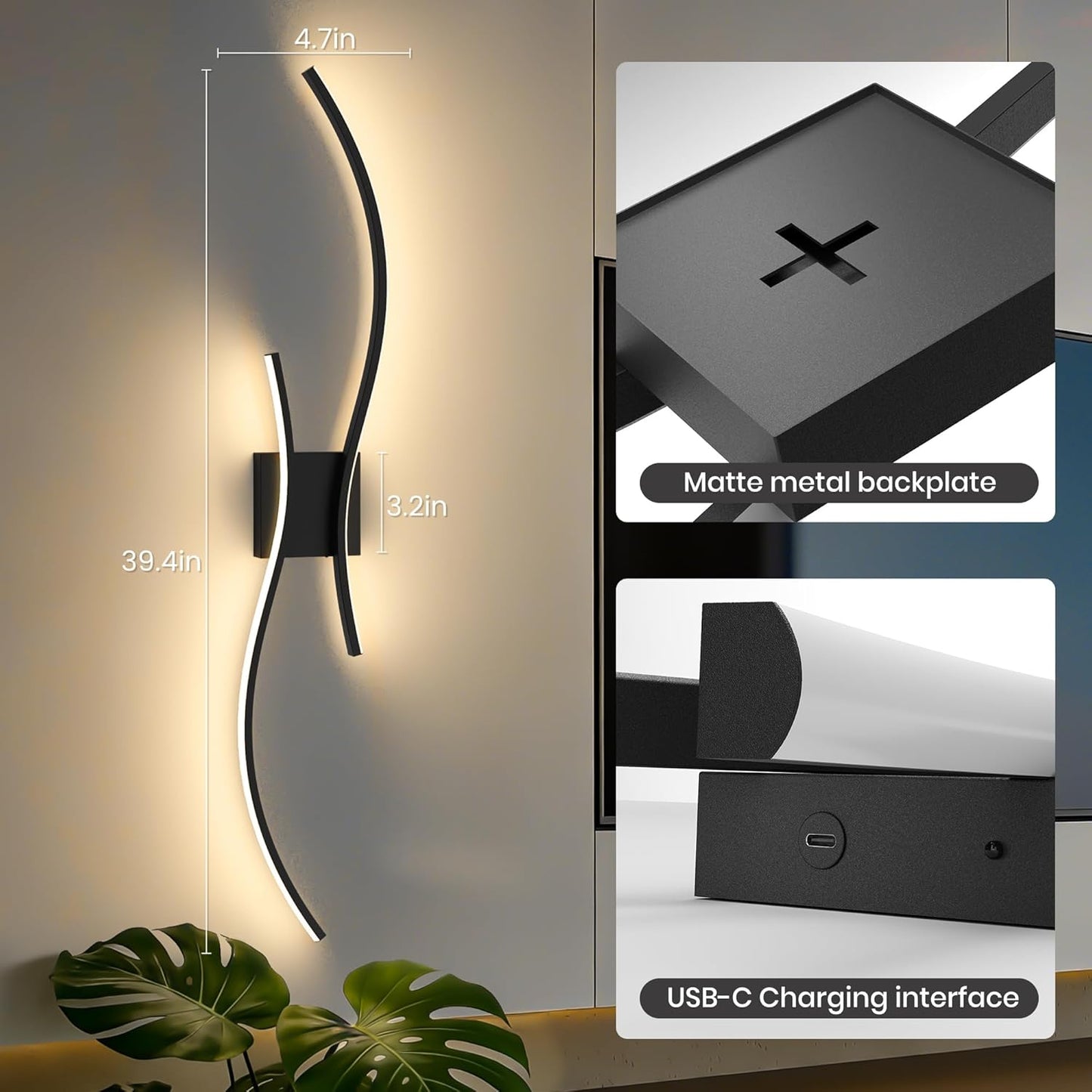 Battery Operated Wall Sconces Set of Two, 10000mAh Rechargeable Modern Wall Lights with Remote Control, Dimmable Gold LED Cordless Lighting for Living Room, Bedroom, Hallway, 39.4 Inch, 3CCT