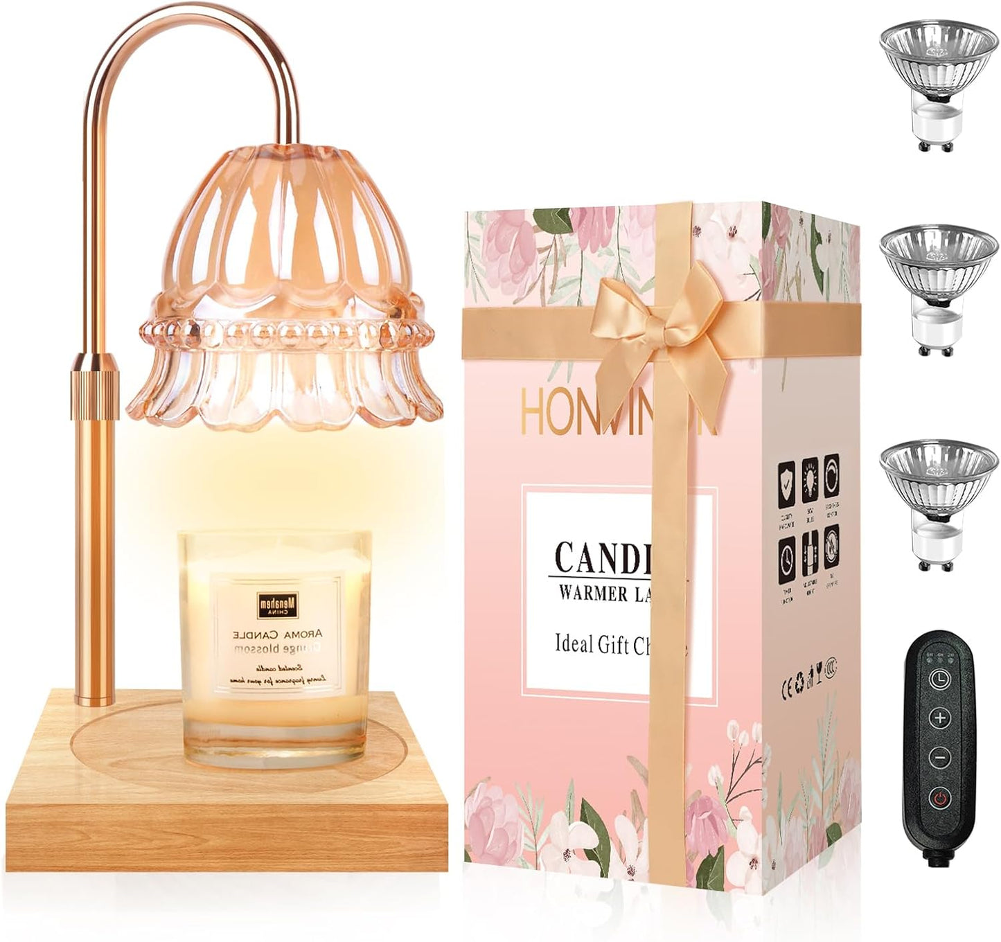 Candle Warmer Lamp with Timer & Dimmer, Candle Warmer Height Adjustable, Fits All Jar Scented Candles, Candle Lamp with 3 Bulbs, Charming Gift Box with Ribbon for Gifting