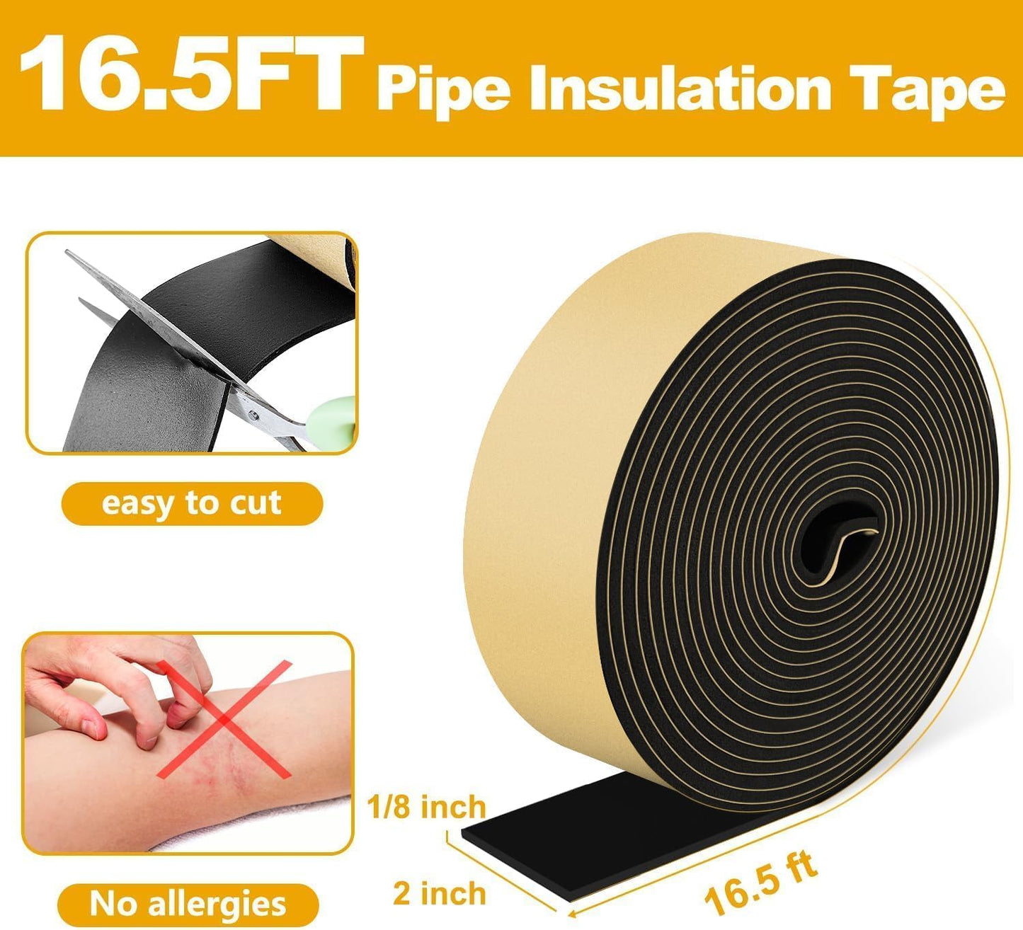 DEMEDO Pipe Insulation Tape, Pipe Wrap Insulation Foam Tape Self Adhesive, Outdoor Water Pipe Insulation Roll for HVAC, AC Line Insulation, 2 inch x 16.5 FT Heat Tape for Water Pipe, White
