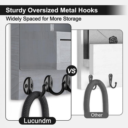 Key Holder Wall Mount, Mail Holder with Storage Drawer and 5 Key Hooks for Coat, Dog Leash, Home Decor Rack, House Accessories, Entry Way Organizer