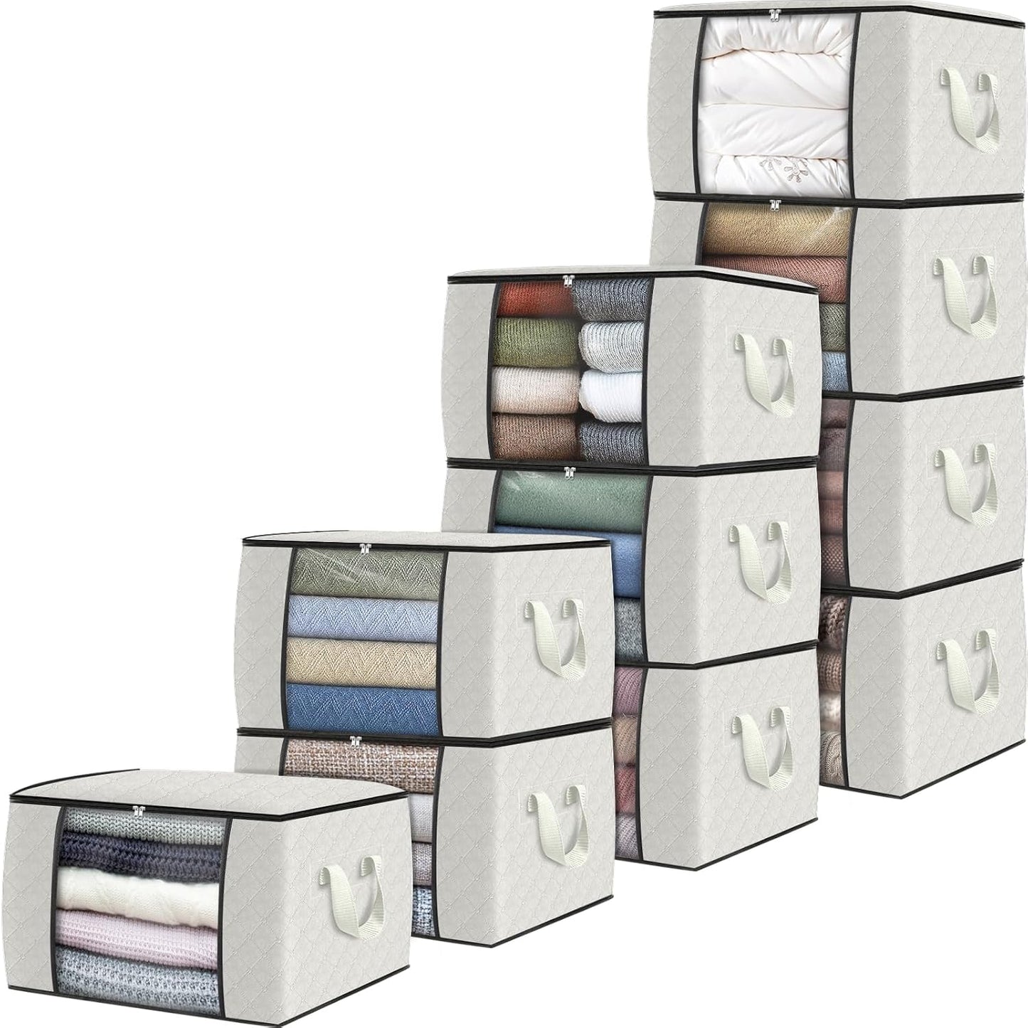 Fab totes 6 Pack Storage Bags for Clothes and Blanket, Foldable Closet Organizers and Storage with Zippers, Clear Window and Handles, Fabric Storage Bins for Sweater, Comforter, Bedding,Linen Sheets