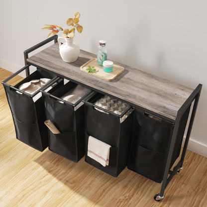 HOOBRO Laundry Sorter 4 Sections, Laundry Hamper with Wheels, 4 × 10.5 Gal (40 L), Rolling Laundry Basket, Pull-Out and Removable Oxford Fabric Bags, Rustic Brown and Black BF04XY01