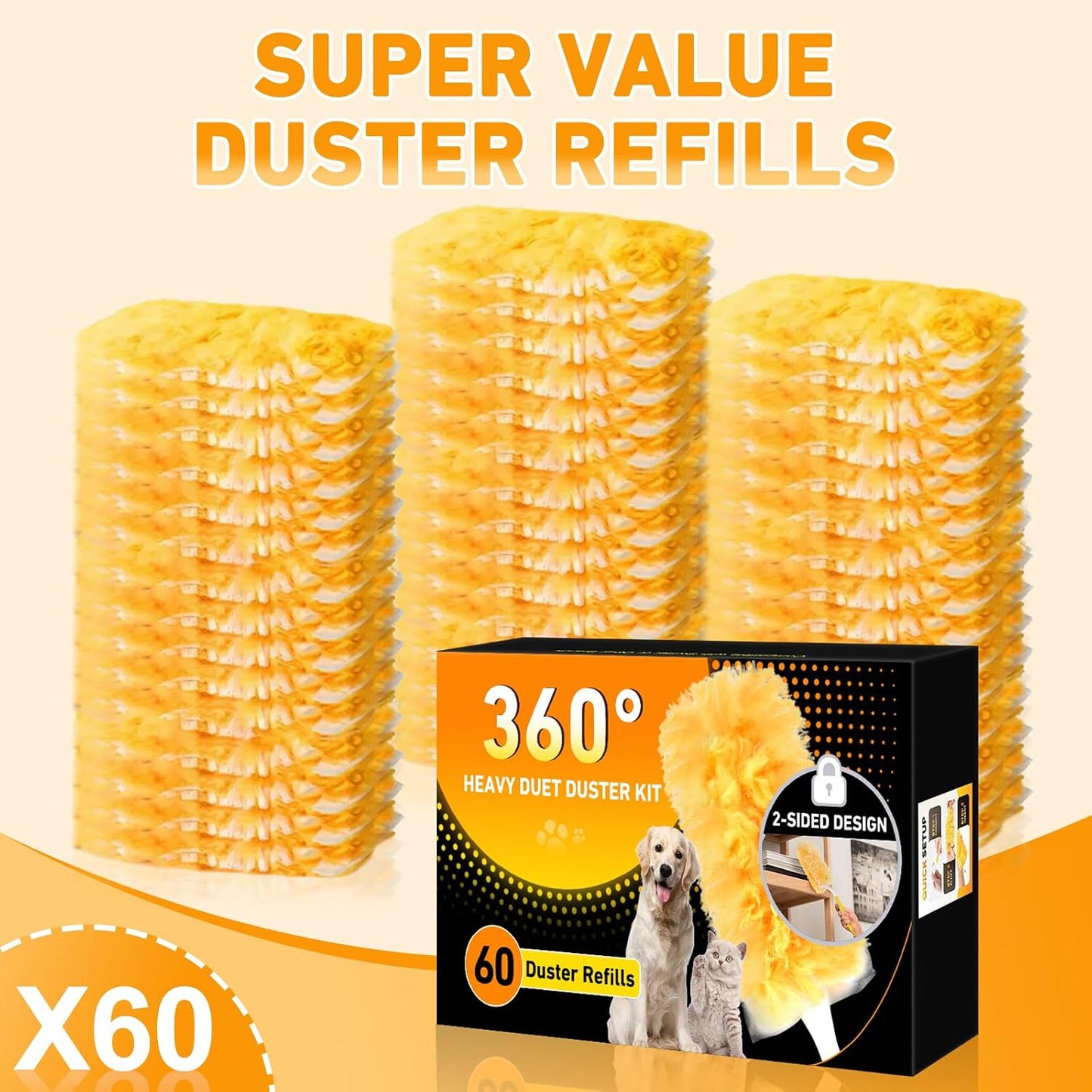 6 ft Heavy Duty Extendable Duster Handle with 50 Refills for Swiffer Duster, 360° Multi-Surface Dusters with 4X Cleaning Power for Home, Ceiling Fans, Windows, Dusting Hard-to-Reach Areas (Orange)