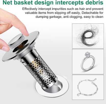Bathroom Sink Drain Strainer,Universal Pop-Up Sink Stopper Hair Catcher, Anti-Clog Stainless Steel Drain Filter Basket, Removable Sink Drain for Bathroom Sink Stopper (Ysilver-2（with Buckle）)