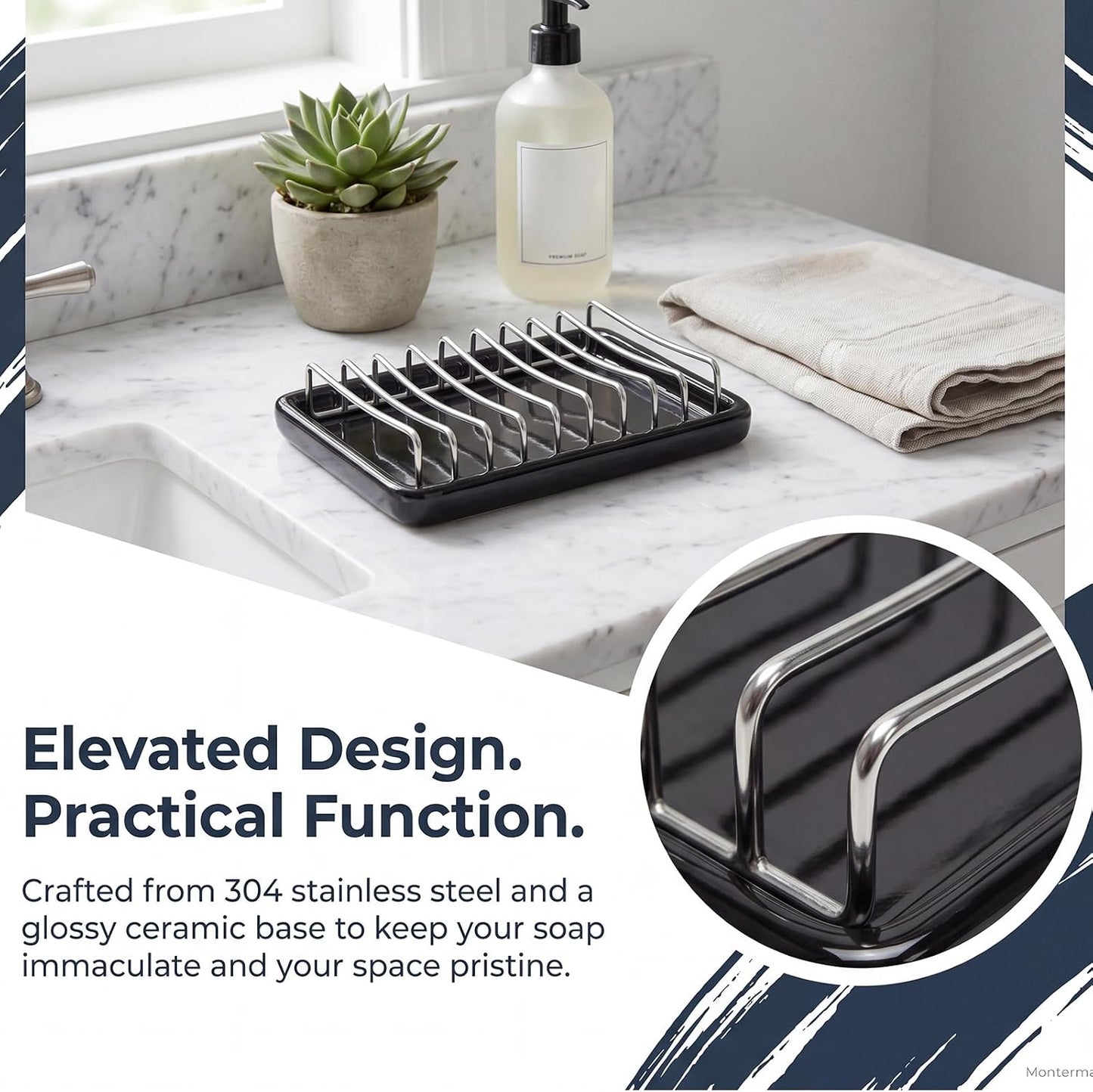 Ceramic Soap Dish with Stainless Steel Drain Tray Self Draining Soap Holder Sponge Holder Soap Dishes for Shower, Bathroom, Kitchen Sink