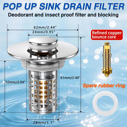 Bathroom Sink Stopper, Pop-up Sink Drain Strainer with Removable Stainless Steel Strainer Basket Hair Catcher, Bathroom Sink Strainer for Bathroom Sink Stopper (2PCS)