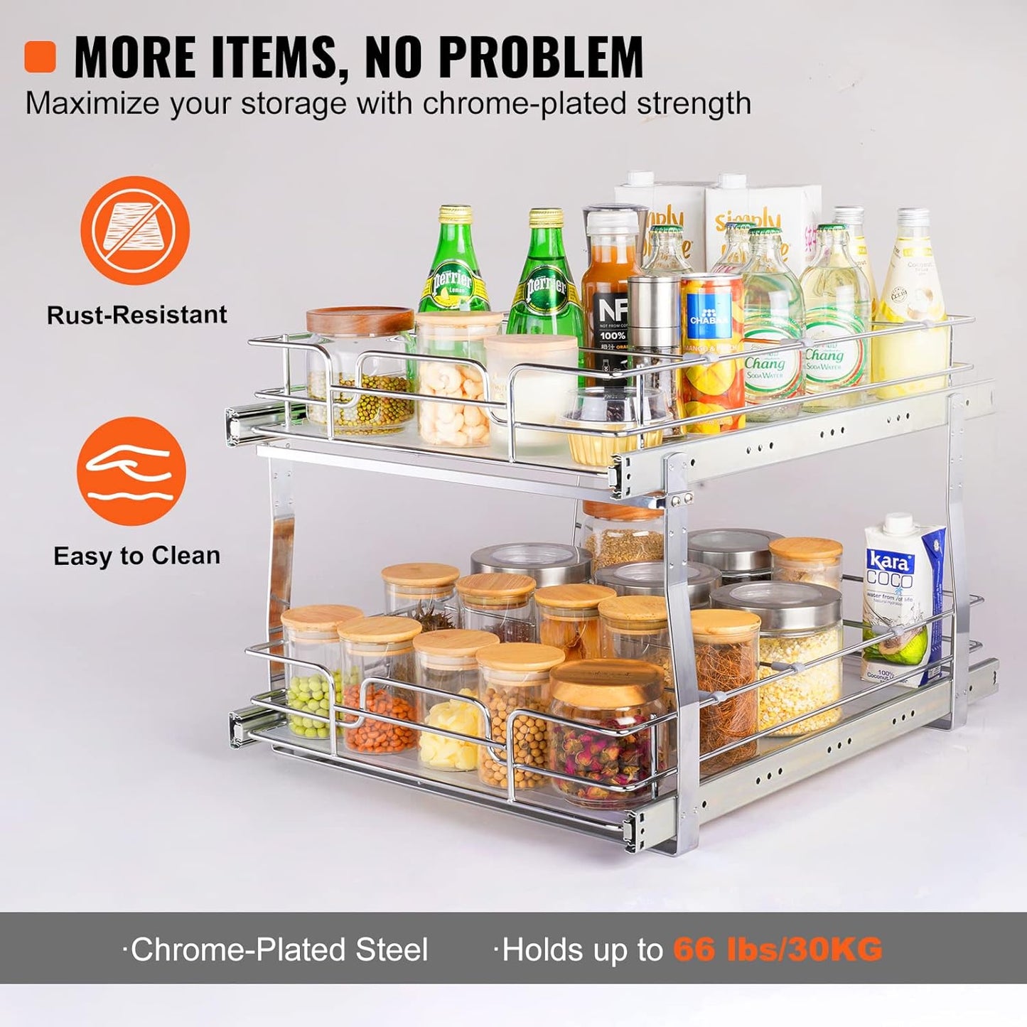VEVOR Pull Out Cabinet Organizer, 12"W x 21"Dx15.2"H Heavy Duty Slide Out Pantry Shelves, Chrome-Plated Steel Roll Out Drawers for Home,13.5"Wx22"Dx19"H Inside Kitchen Cabinet, Bathroom, Under Sink