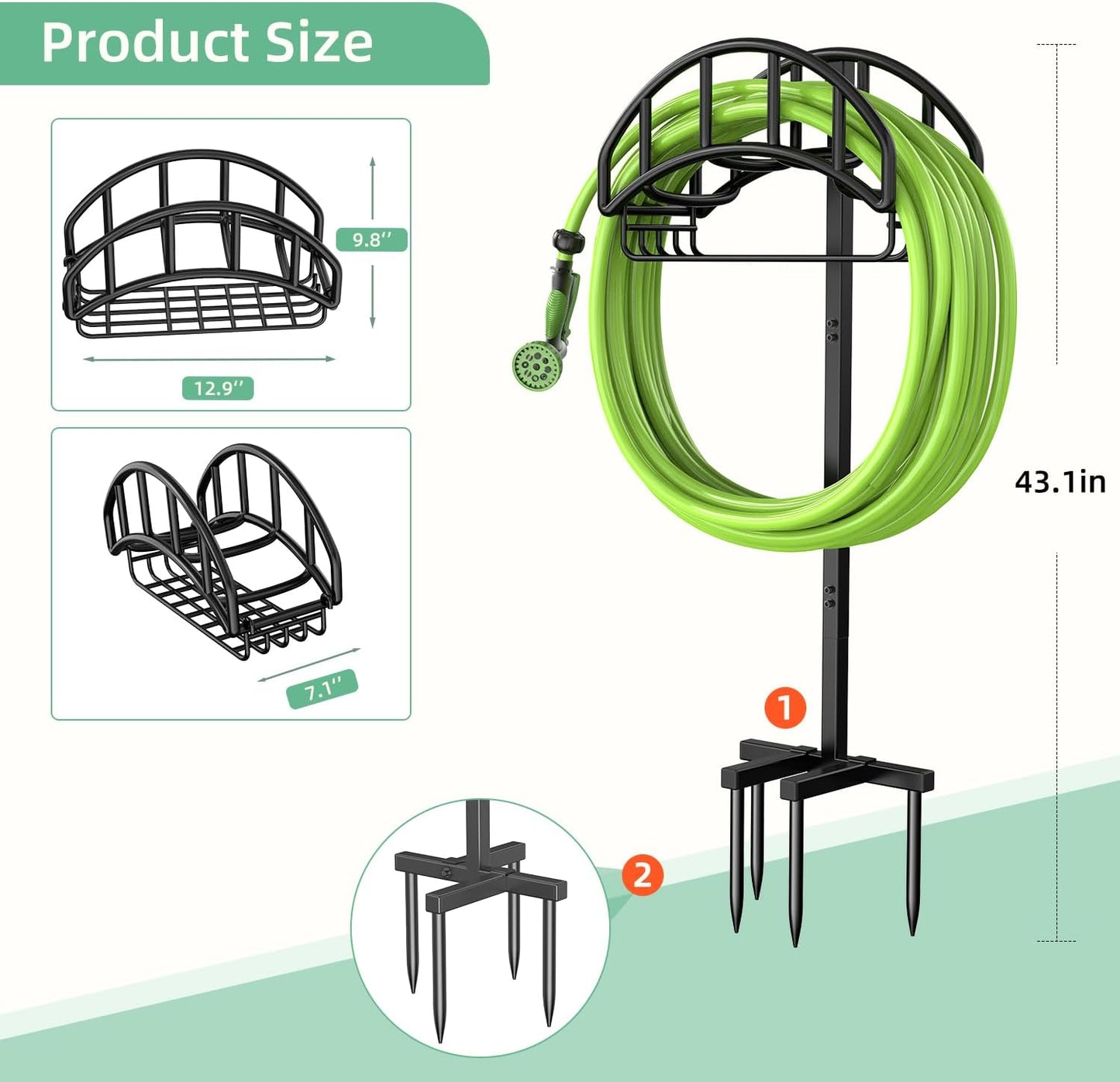 Garden Hose Holder Reel, Upgraded Metal Hose Reels Holds 150ft Hose, Heavy Duty Freestanding Water Hose Holders, Detachable Hose Storage Hanger for Outside - Fan-Shaped