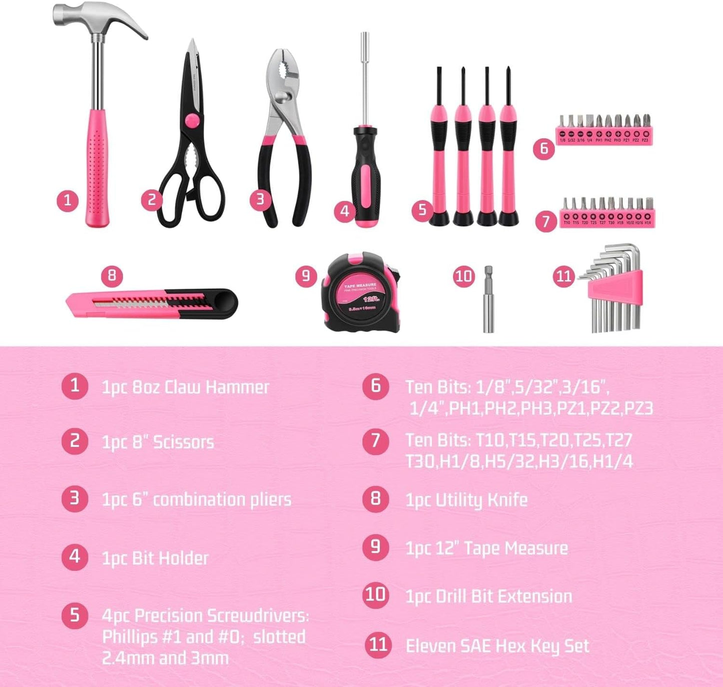 Flexzion 39 Piece Hand Tool Kits with Case - Compact Tool Kit for Handyman, Homeowners DIY - Household Tool Kit for Home with Portable Basic Tool Set Case, Pink