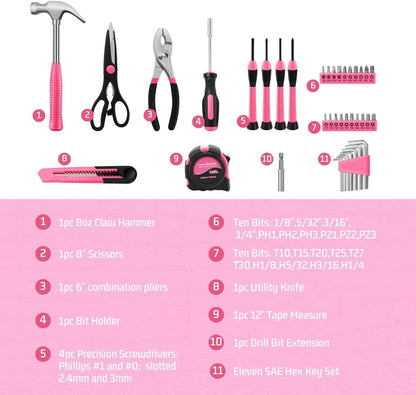 Flexzion 39 Piece Hand Tool Kits with Case - Compact Tool Kit for Handyman, Homeowners DIY - Household Tool Kit for Home with Portable Basic Tool Set Case, Pink