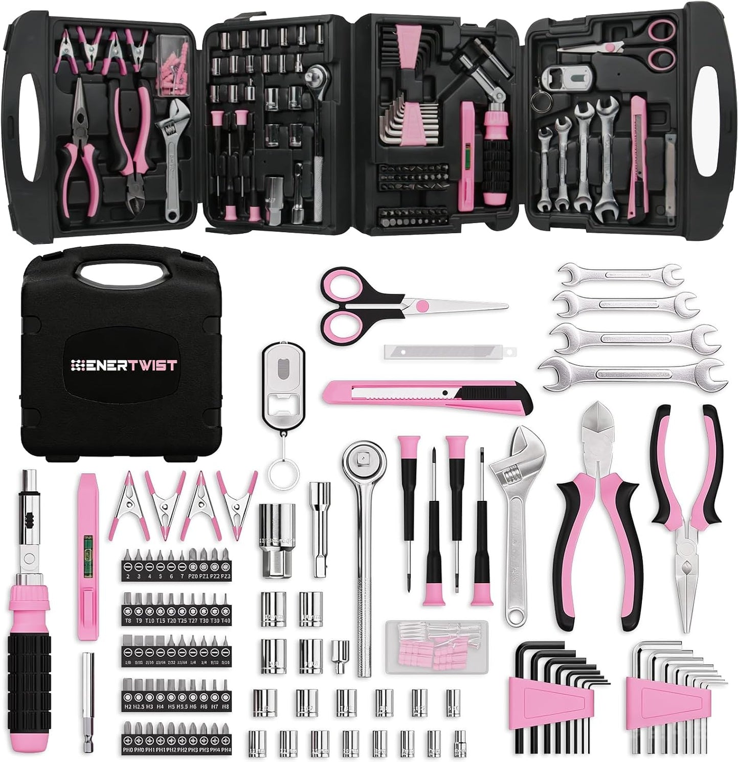 ENERTWIST Pink Tool Kit for Women, 189-Piece Premium Household Hand Tool Set with Lightweight Portable Box, Perfect for Home DIY Repair, Furniture Assembly, Ideal Gift for Women & Housewarming
