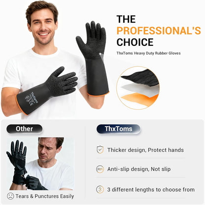 ThxToms Heavy Duty Rubber Gloves, Industrial Chemical Resistant Gloves Waterproof Reusable Protective Work Gloves for Cleaning, Dishwashing,Upgraded with Non-Slip Design, Black, 18" 1 Pair