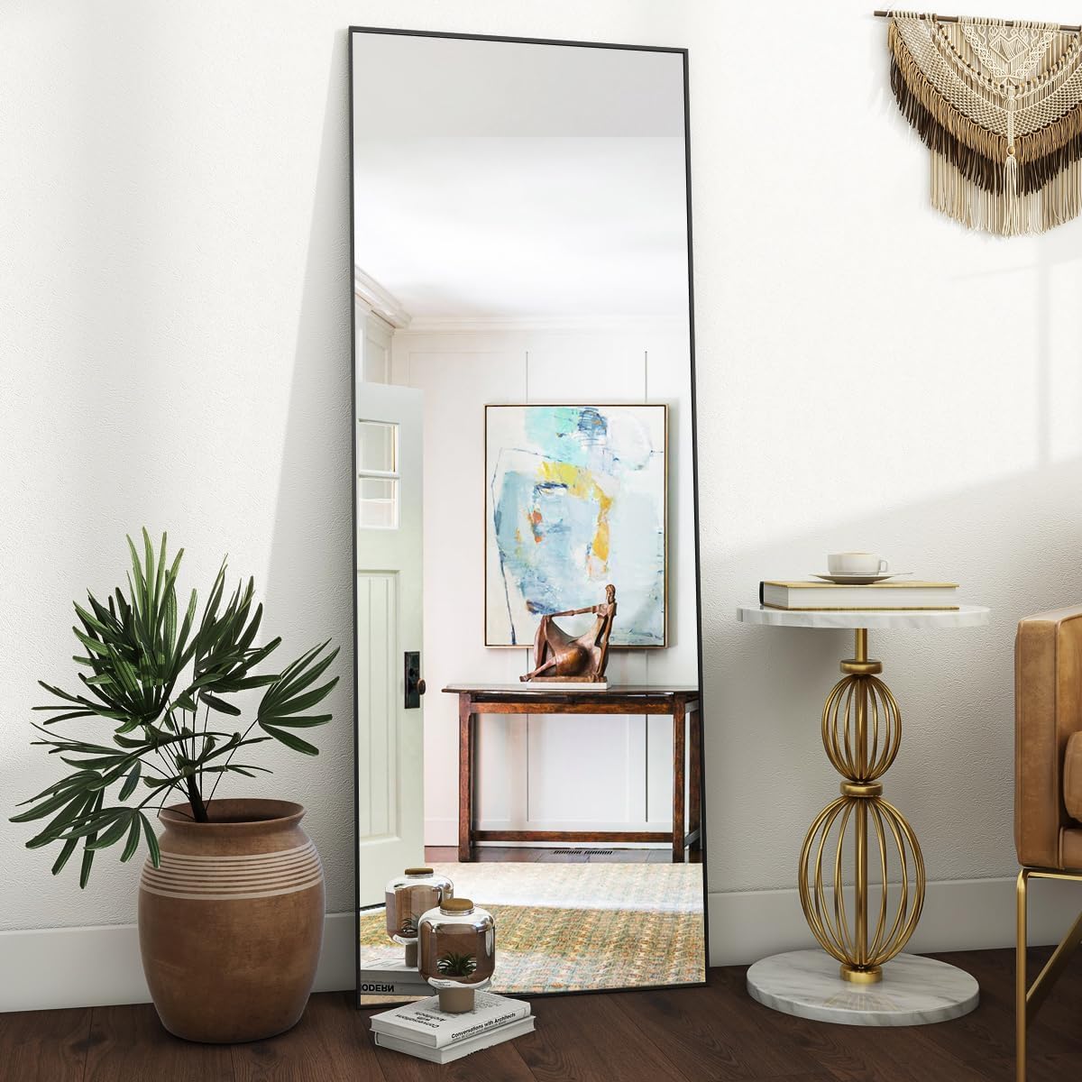 VooBang Mirror Full Length - 21" x 57" Floor Mirror with Stand, Aluminum Alloy Frame Full Body Mirror, Standing Hanging or Leaning Against Wall for Bedroom and Living Room, Black