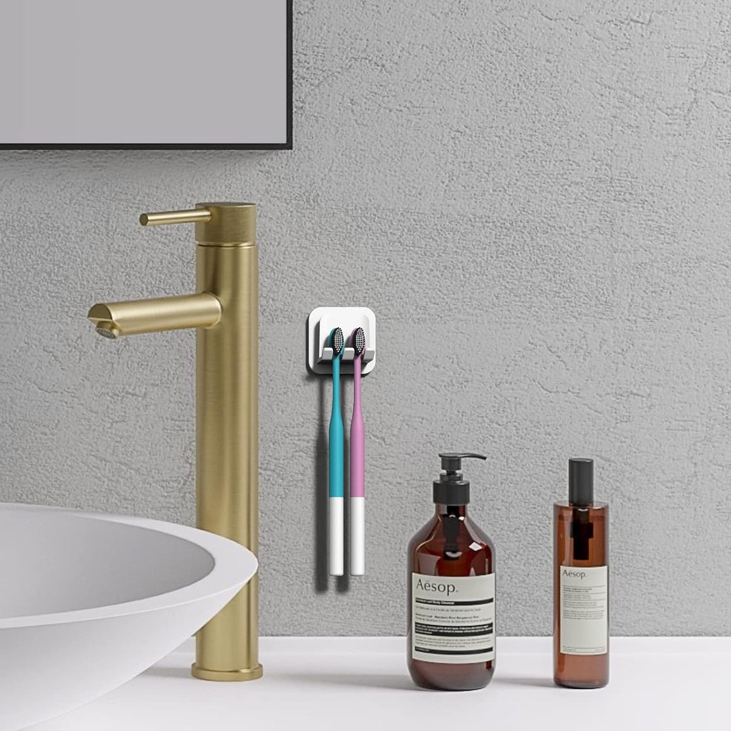 2 PCS Self-Adhesive Toothbrush Holders Wall Mounted, Water Proof Toothbrush Hook, 3 in 1 with Toothbrush Hanger Toothpaste Holder and Gargle Cup Holder for Bathroom Shower (White)
