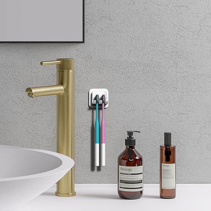 2 PCS Self-Adhesive Toothbrush Holders Wall Mounted, Water Proof Toothbrush Hook, 3 in 1 with Toothbrush Hanger Toothpaste Holder and Gargle Cup Holder for Bathroom Shower (White)