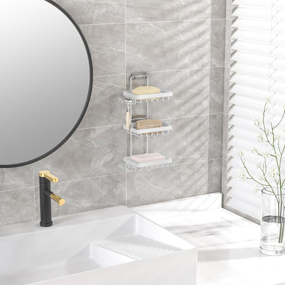 Moforoco Double Soap Bar Holder for Shower, No Drilling, 304 Stainless Steel, Wall Mounted Soap Holder with 4 Hooks and Razor Holder, Shower Rack Soap Tray Bar Soap for Bathroom Accessories Organizer