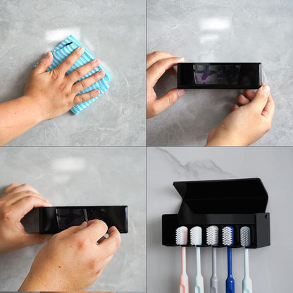 5 Slots Wall Mount Toothbrush Holder with Cover, Self Adhesive Toothbrush Storage Organizer for Shower, Toothbrush Hanger with Automatic Toothpaste Squeezer Dispenser