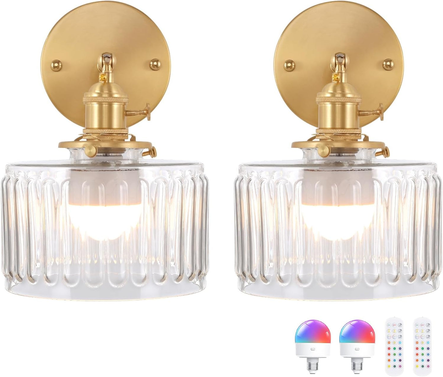 Shenmoyl Vintage Battery Operated Wall Sconce with Clear Striped Glass Lampshade 5000 mAh Rechargeable Battery Powered Wall Light with Remote Control for Bedside Bedroom Doorway, Set of 2