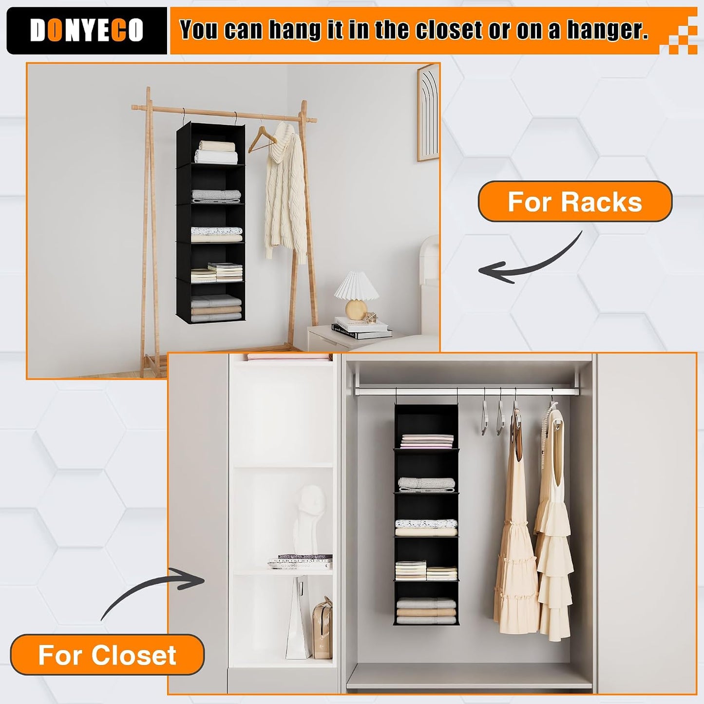 Hanging Closet Organizer 3-Shelf, Oxford Fabric Wardrobe Storage, Gray | Easy-mount foldable design holds clothes, handbags, shoes & accessories; washable Oxford fabric, sturdy and space-saving.