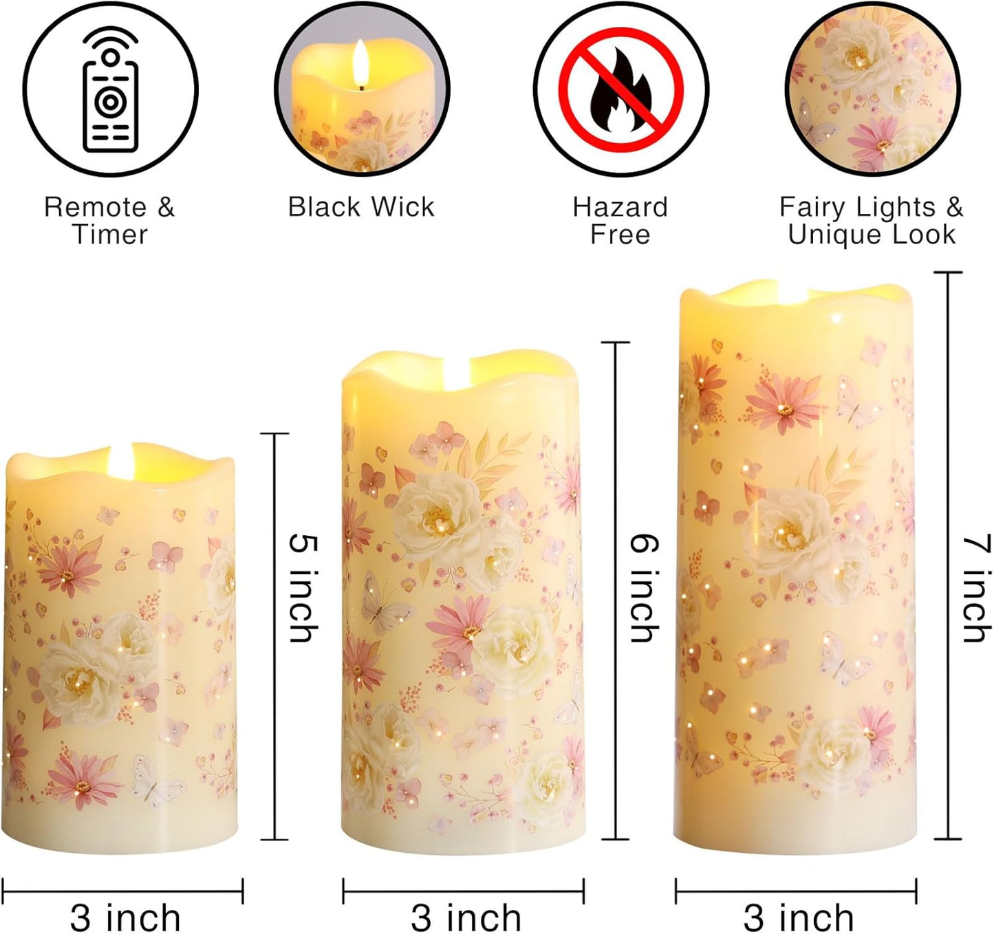 Eywamage Fiber Optic Flameless Pillar Candles with Remote, Floral Butterfly Spring LED Candles Flickering Home Decor Gift Set of 3