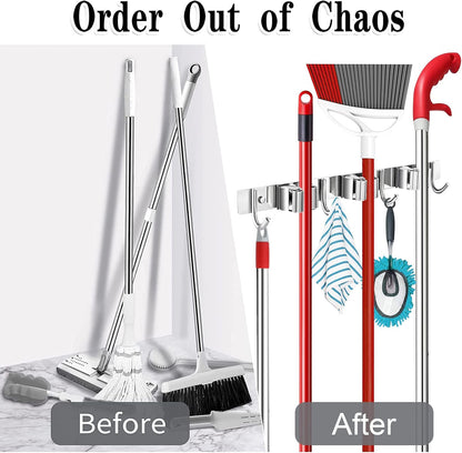 Broom Mop Holder Wall Mount Broom Hanger Wall Mounted Metal Organization Garage Storage Garden Kitchen Tool Organizer With 4 Racks and 5 Hooks (Silver, 1 Pack 3R4H)…