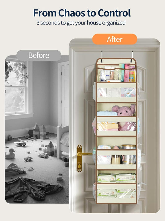 Yecaye 5 Tier Over the Door Organizer, Swing-proof Door Organizer Hanging with Clear PVC Windows, Behind the Door Storage for Bedroom Nursery Closet Laundry Pantry Bathroom, Grey