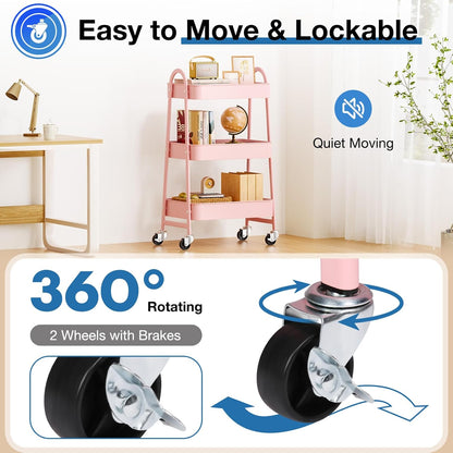 DUMOS 3 Tiers Rolling Cart, Utility Cart, Metal, White | Mobile Storage, Lockable Wheels, Utility Shelving Unit, Kitchen, Bathroom, Laundry, Narrow Places