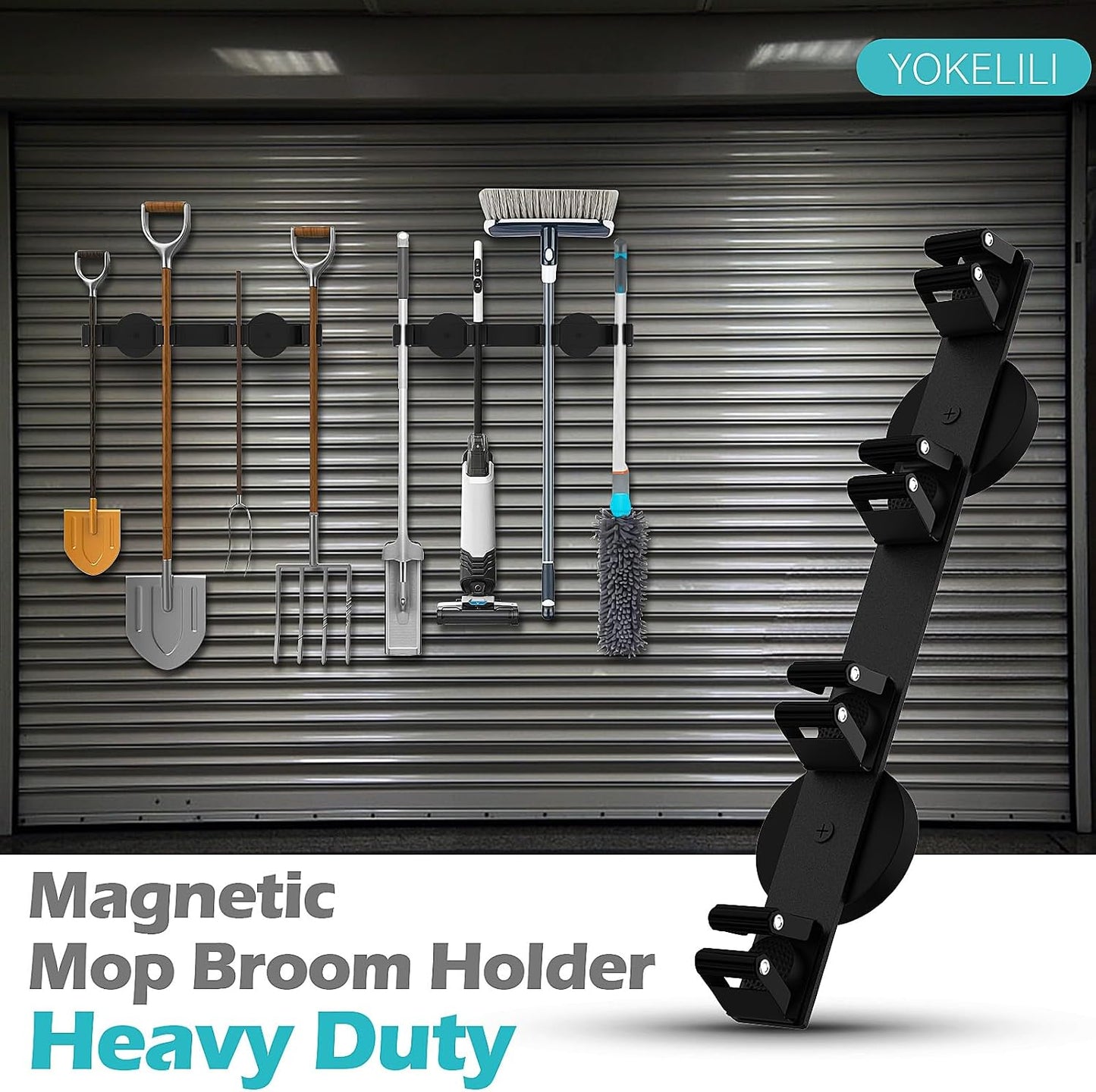 Magnetic Mop Broom Holder, Strong Non Slip Magnetic Broom Mop Hanger, Heavy Duty Magnetic Hooks for Hanging Shovel Rake Tools, Wall Mounted Utility Storage Magnet Rack 4 Rack