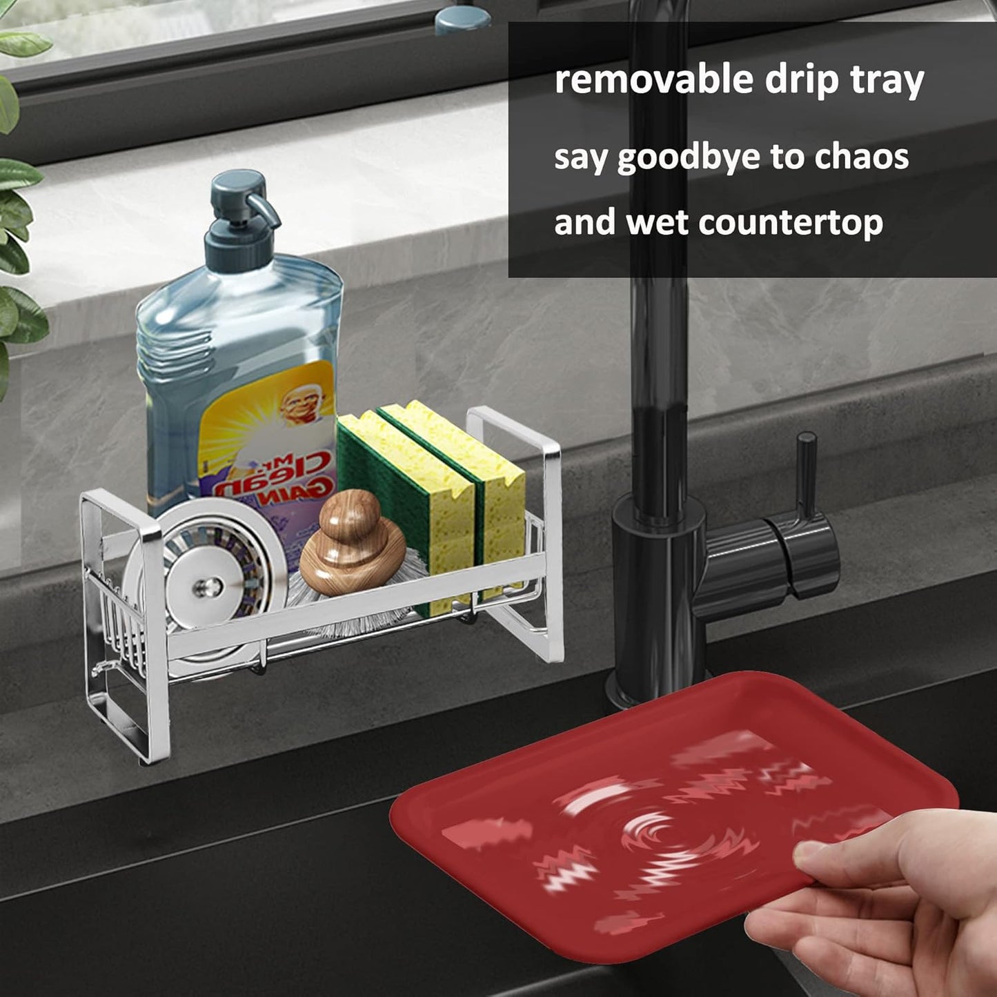 Kitchen Sponge Holder for Sink, Kitchen Sink Caddy Organizer, Sink Tray Drainer Rack, Dish Rags Brush Soap Storage Countertop with Removable Front Drain Pan - Black