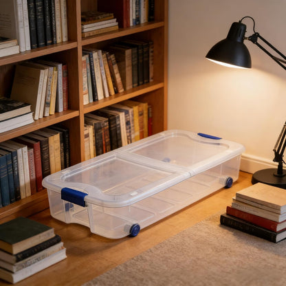 66 Quart Wheeled Latch Box, Clear Underbed Storage Bin with Lid, Blue