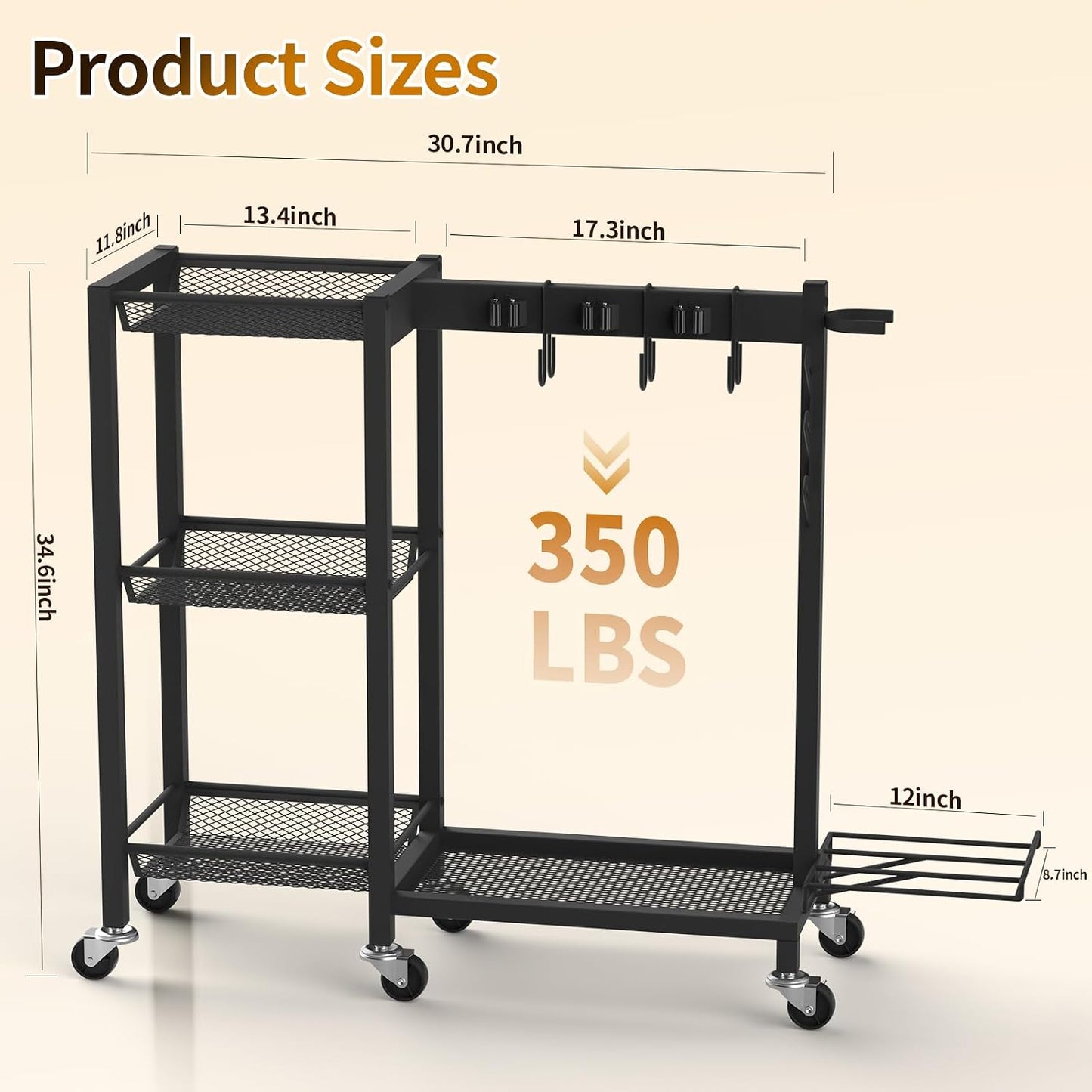 Broom Holder with Cleaning Supplies Organizer Load 160 LBS Cleaning Cart with Wheels Broom Closet Storage with 6 Mop Hanger Grippers, 3 Double-Hooks, Vacuum Stand for Laundry Garage Organization