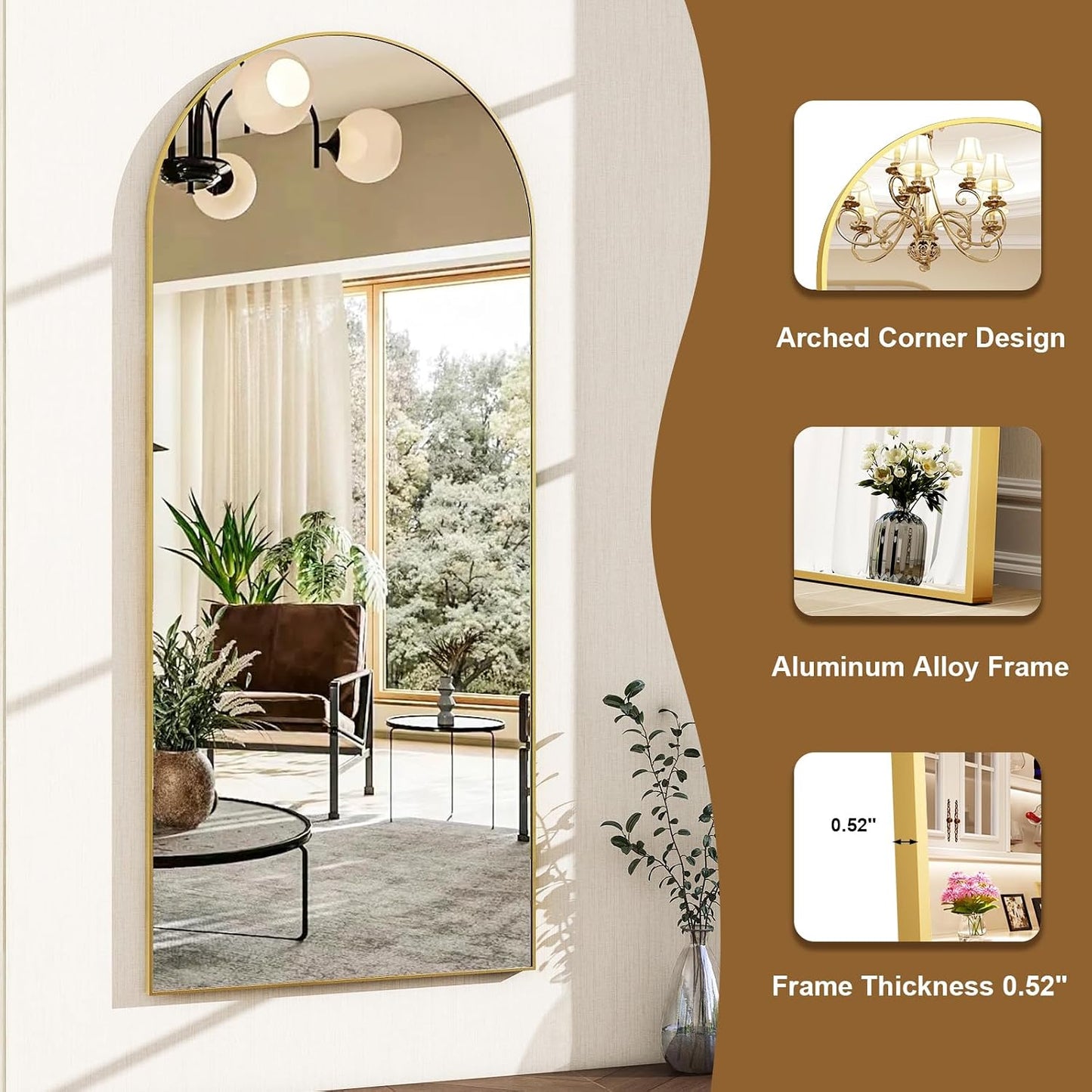 HARRITPURE 64"x21" Arched Full Length Mirror Free Standing Leaning Hanging Mounted Mirror Aluminum Frame Modern Simple Home Decor for Living Room Bedroom Cloakroom, Gold