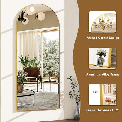 HARRITPURE 64"x21" Arched Full Length Mirror Free Standing Leaning Hanging Mounted Mirror Aluminum Frame Modern Simple Home Decor for Living Room Bedroom Cloakroom, Gold