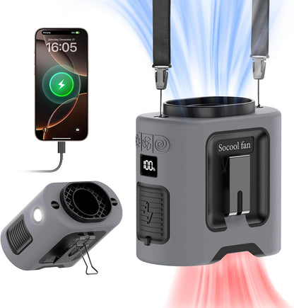 Socool 10000mAh Portable Waist Fan Clip on Wearable Belt Personal Fan Rechargeable Battery operated With 5 Speeds & Flashlight Neck Hands-Free 40H Cooling For Outdoor Camping Travel (Gray）