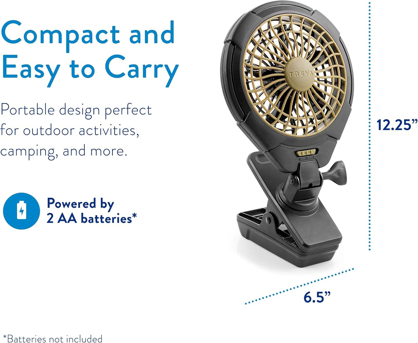 Treva 5 Inch Battery Powered Clip Slim and Portable Cooling Fan with Clamp for Travel, Outdoor,Camping, Car, Office Desk, Baby Stroller - Multi-Directional Rotating and Adjustable Head, Khaki (FC05005)