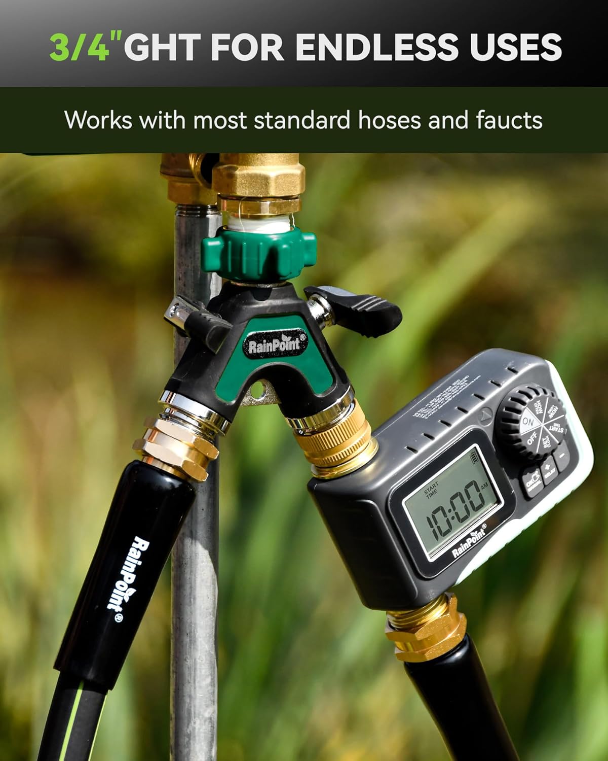 RAINPOINT Garden Hose Splitter 2 Way, All Metal Heavy Duty Water Hose Y Splitter With 2.05" Extra Long Side Handle & Shut Off Valves, 3/4 Inch GHT Thread Connector For Outdoor Spigot Faucet (Green)