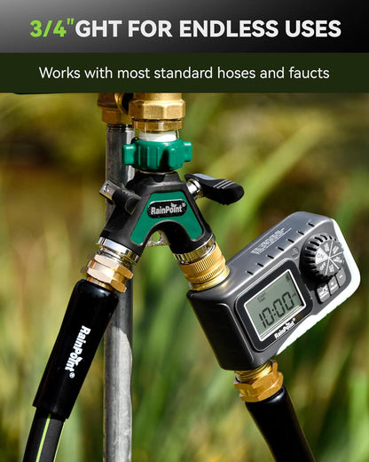 RAINPOINT Garden Hose Splitter 2 Way, All Metal Heavy Duty Water Hose Y Splitter With 2.05" Extra Long Side Handle & Shut Off Valves, 3/4 Inch GHT Thread Connector For Outdoor Spigot Faucet (Green)