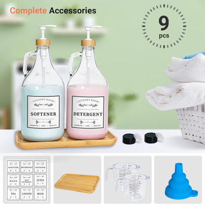2 Pcs Glass Laundry Detergent Dispenser Bottle, Liquid Laundry Soap Dispenser for Laundry Room, 64oz Detergent Bleach Softener Dispenser for Farmhouse Decor, Includes Bamboo Pumps Tray Funnel Labels
