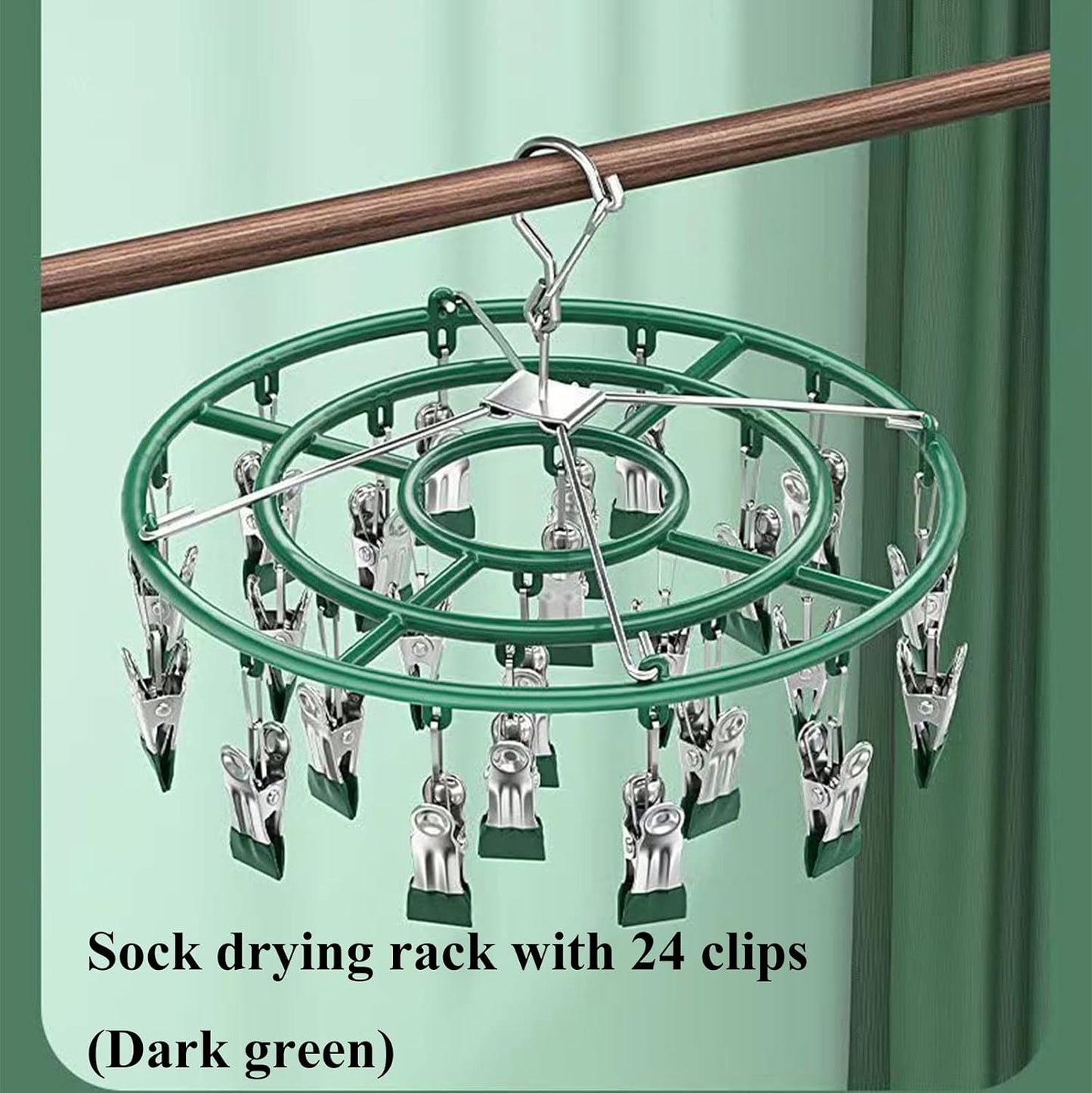 Stainless Steel Clothes Sock Drying Rack with 24 Clips, Swivel Hook Windproof Clothes Hanger Rack for Sock, Bras, Towel, Underwear, Laundry Clothes, Hat, Scarf, Pants, Gloves (Pink Clips)