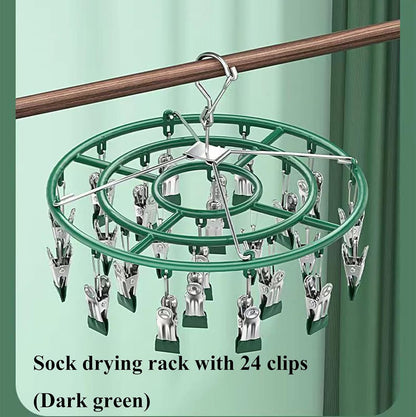 Stainless Steel Clothes Sock Drying Rack with 24 Clips, Swivel Hook Windproof Clothes Hanger Rack for Sock, Bras, Towel, Underwear, Laundry Clothes, Hat, Scarf, Pants, Gloves (Pink Clips)