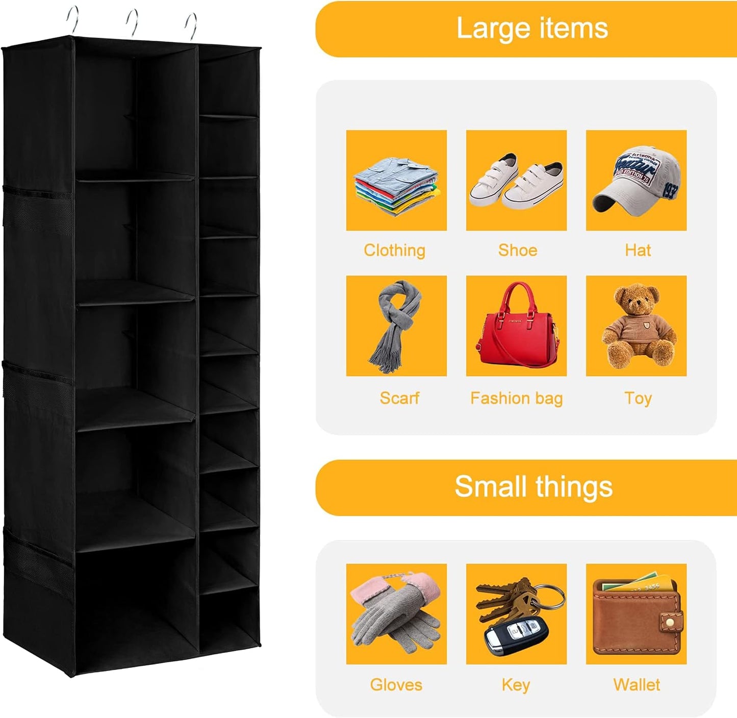 Libeder Shoe Organizer for Closet, 15 Shelf Hanging Closet Storage Shelves - 10 Shoe Rack Organizer and 5 Compartment for Clothes with 6 Side Mesh Pockets for Scarves Socks,Gloves, Grey