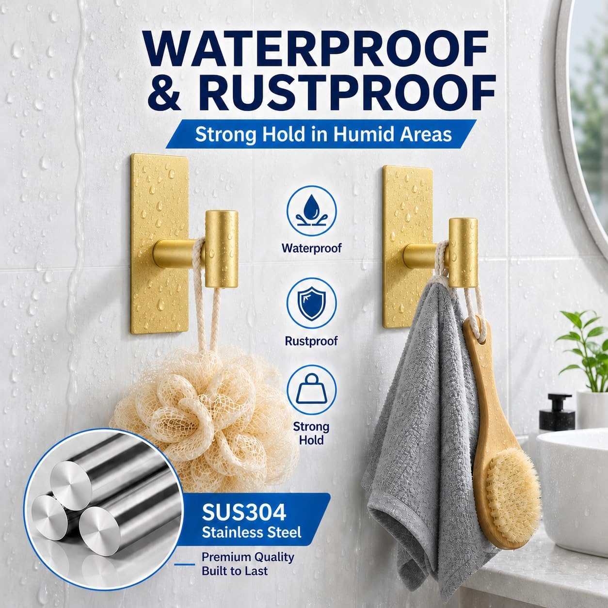 Removable Towel Hooks for Bathrooms, Heavy Duty Adhesive Hooks for Walls No Damage, Black Home Storage Hooks for Inside Shower, Sticky Hooks for Hanging Robe Coat Loofah Clothes Kitchen, 14Pcs Sus304