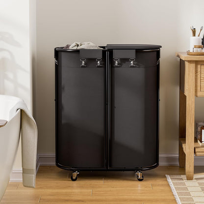 200L Double Laundry Hamper with Lid and Wheels, Large Oval Rolling Laundry Basket 2 section, Sturdy Metal Laundry Cart with 2 Removable Bags, Dirty Clothes Organizer for Home, Dorm, Black