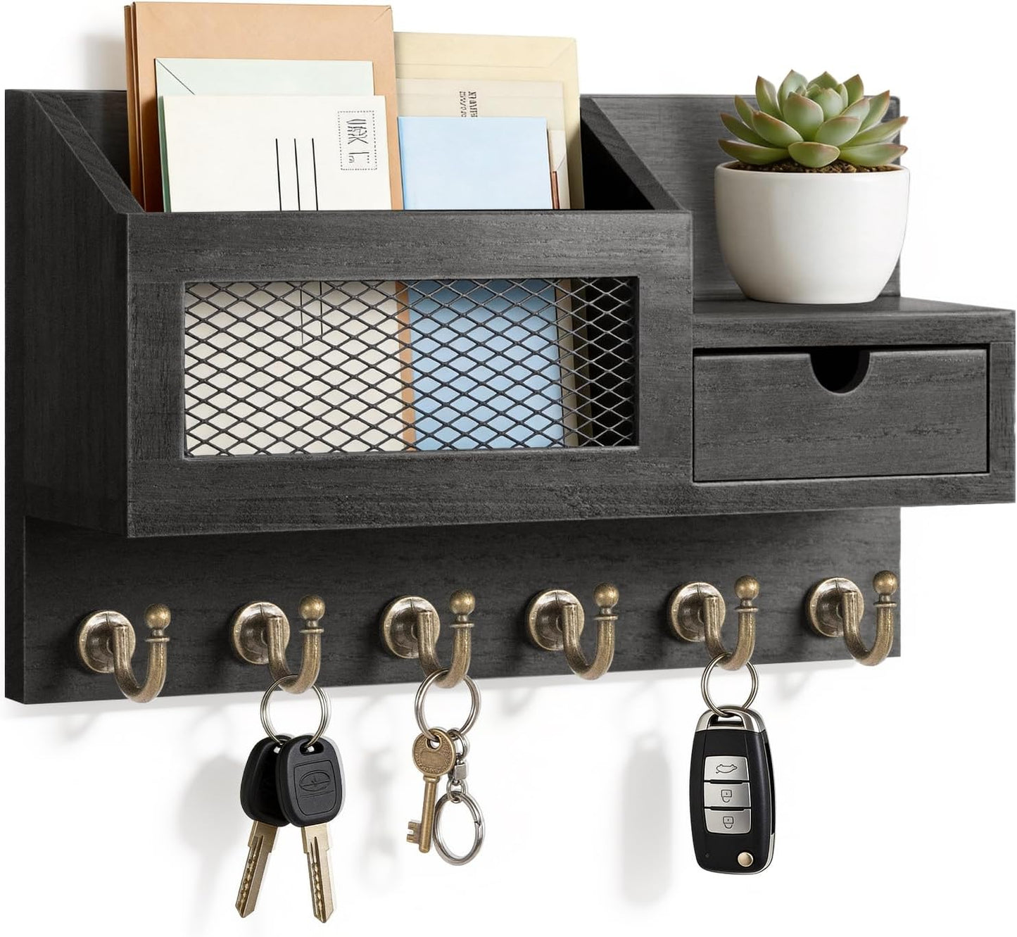 FifthQuarter Key Holder Wall Mount: Key and Mail Holder for Wall with 6 Hooks and Storage Drawer, Easy Installation Key Rack for Entryway Home Decor (A-White)
