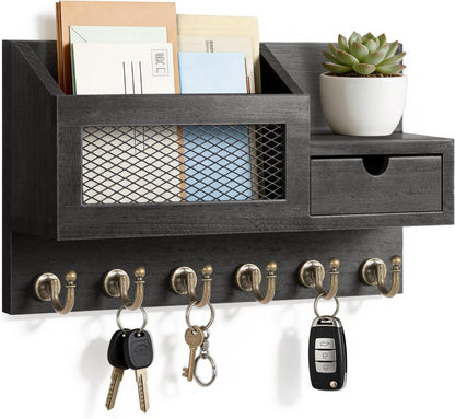 FifthQuarter Key Holder Wall Mount: Key and Mail Holder for Wall with 6 Hooks and Storage Drawer, Easy Installation Key Rack for Entryway Home Decor (A-White)