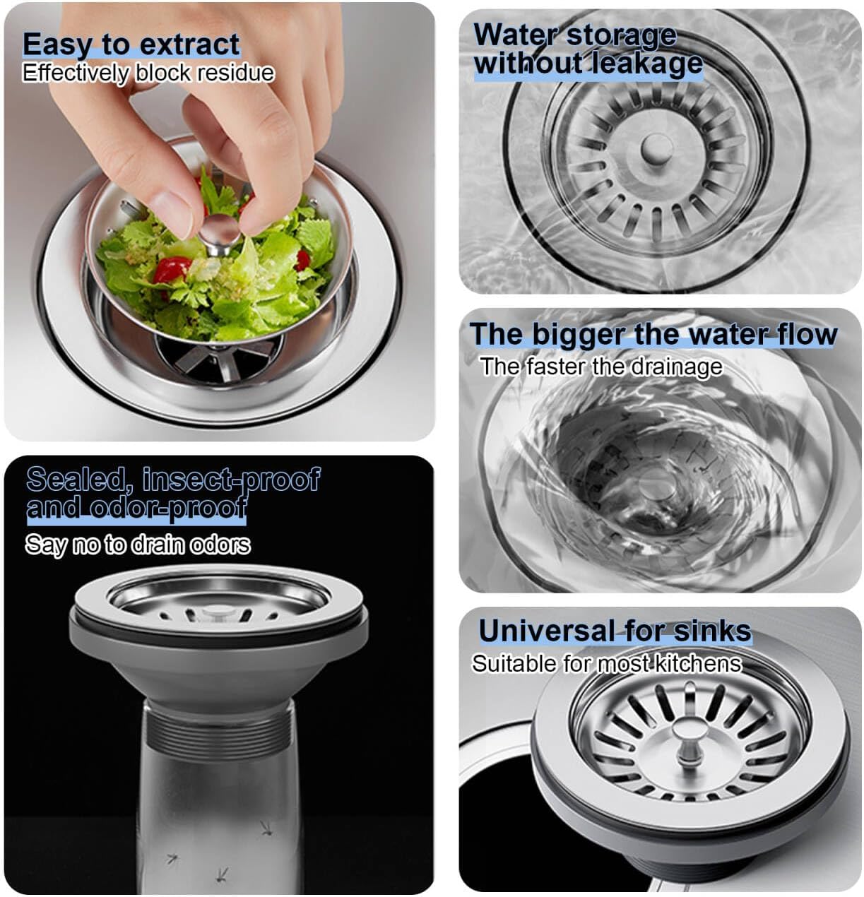 2pcs Kitchen Sink Drain Basket, 3 1/4 '' 304 Stainless Steel Drainage Filtration Basket with Handle for Kitchen Sink Strainer Replacement